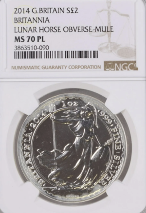 2014 Great Britain Silver 2 Pounds Britannia Lunar Horse - Obverse Mule Error - NGC MS70PL Proof-like - Image 3