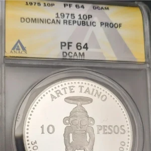 1975 ANACS PF-64 DCAM Deep Cameo Dominican Republic 10 Pesos - Pueblo Viejo Mine - Image 3